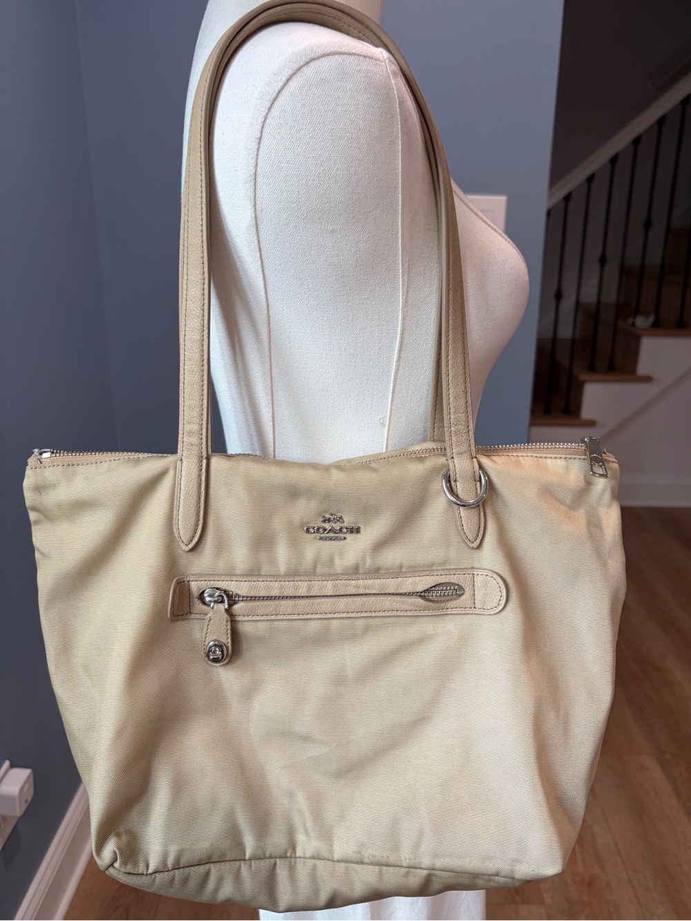 Coach Beige Nylon Leather Large Tote Bag Shoulder Bag Y2K 2000s